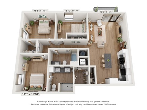 Floor plan for 3 beds, 2 baths, 1375 sqft